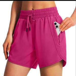 Ksmien Women's 5" Athletic Running Shorts with Zipper Pockets UPF 50+,NWT,L,Pink